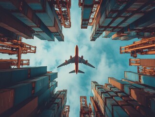 A cargo plane soars through clear blue skies, surrounded by towering stacks of shipping containers and industrial cranes.
