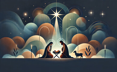 Nativity scene in Bethlehem. Watercolor painting. Christmas scene illustration showing holy family baby Jesus in the manger Mary and Joseph. Banner Copy space © melita