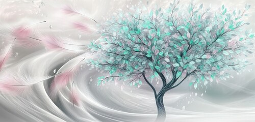 A dynamic 3D mural of a tree with mint green and lavender leaves, with feathers shifting from pink to turquoise, glistening with dewdrops, against a soft swirling vortex.