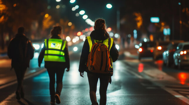 Individuals wearing reflective vests walking safely on a well-lit city street during nighttime with passing traffic