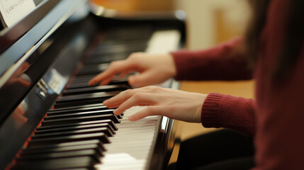 Obraz premium Teacher demonstrating a complex piano piece to students during a music lesson in a warm, well-lit classroom