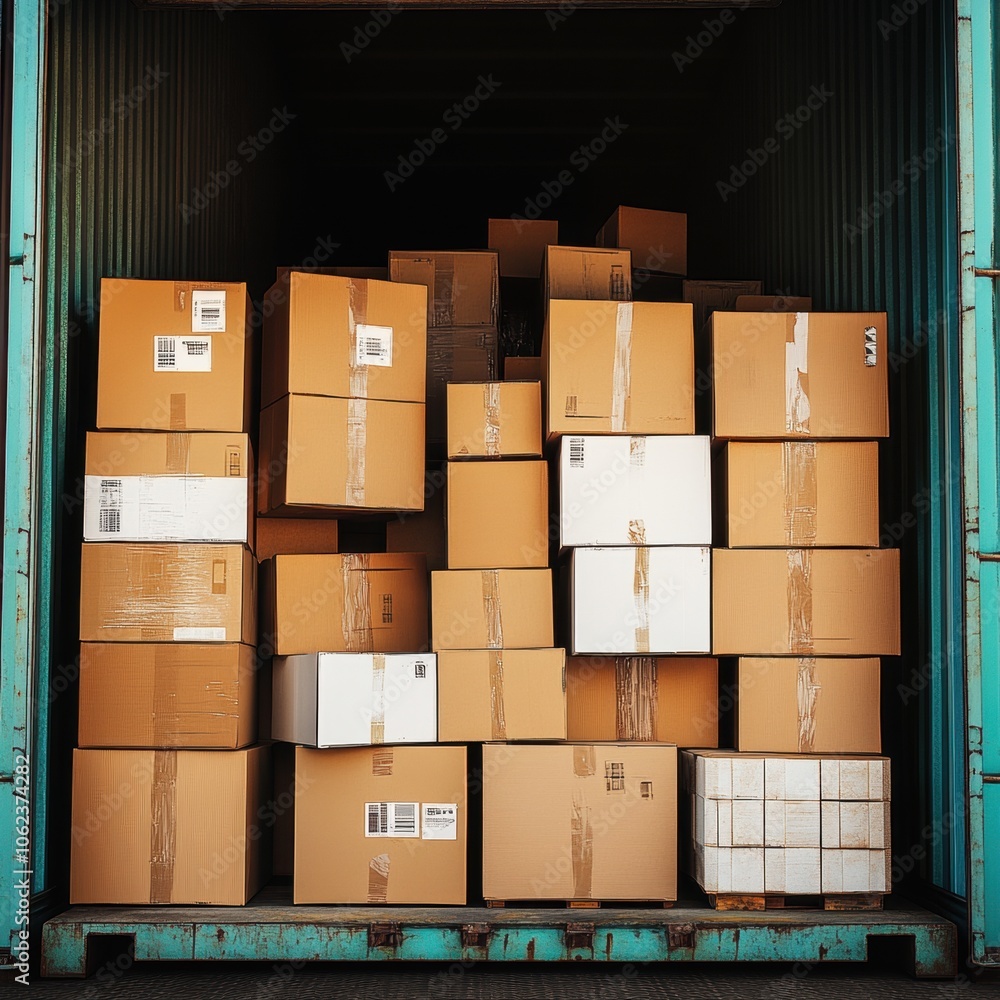 Poster stacked cardboard boxes inside a shipping container, showcasing varied sizes and shapes.
