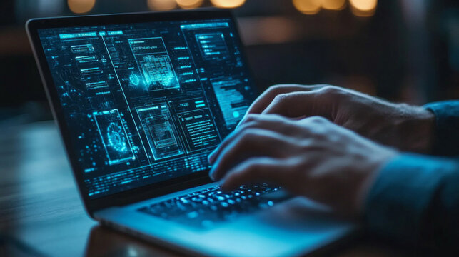 A professional analyzing advanced data insights on a sleek laptop while seated in a modern workspace during the evening hours