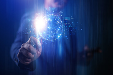 Businessman presenting futuristic business world metaverse graphic. In the form of innovation in digital business processing technology