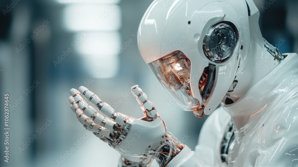 Poster a futuristic white humanoid robot is seen introspectively gazing at its hands with curiosity and ref