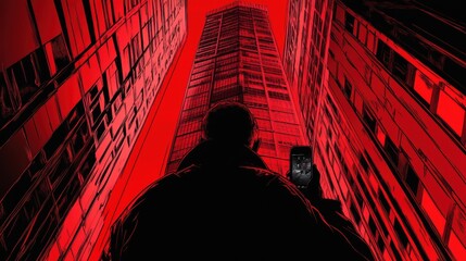 Fototapeta premium A silhouetted man gazes at a skyscraper, amidst dramatic red tones and angular urban architecture.