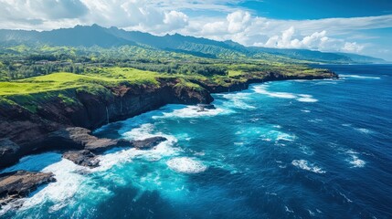 Fototapeta premium Aerial View of Turquoise Ocean Waves Crashing Against Rocky Cliffs and Sandy Beaches Along Lush Green Coastline with Dramatic Mountain Range in Background