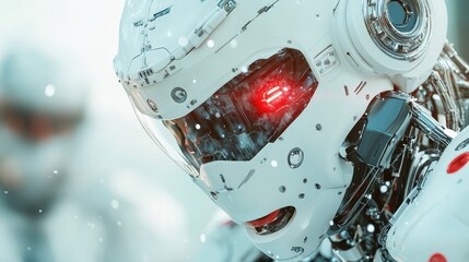 A white robotic figure dons a glowing red eye while stationed in a snowy environment, combining elements of futuristic technology with harsh natural settings.