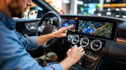 A driver interacting with an advanced navigation system in a modern car during a daytime urban setting