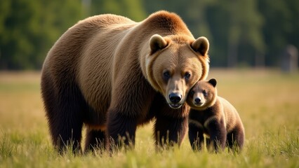 Obraz premium A captivating image of a grizzly cub nestled beside its mother, showcasing their bond in a tranquil forest setting.