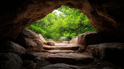Obraz premium An intriguing path through a cave leads to a vibrant, verdant forest entrance, showcasing the seamless transition from darkness to natural beauty and adventure.