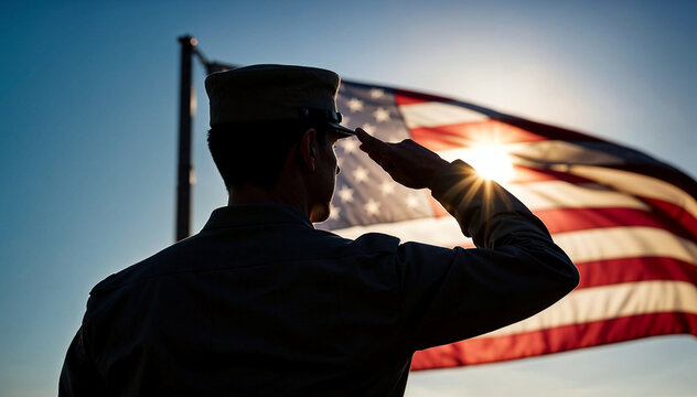 Silhouette of a soldier saluting in front of an American flag, with the soft light of the sunrise illuminating the scene. - Powered by Adobe