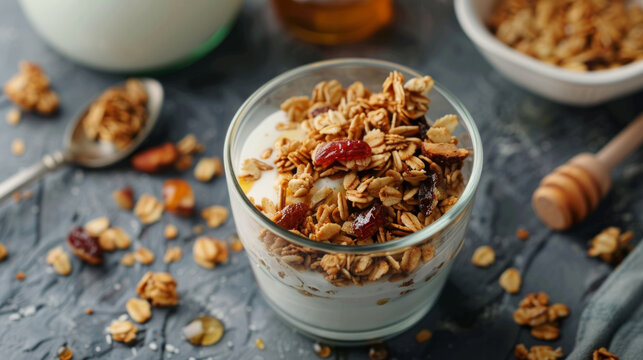 Delicious granola topped with yogurt and drizzled honey, served in a glass cup on a dark kitchen countertop