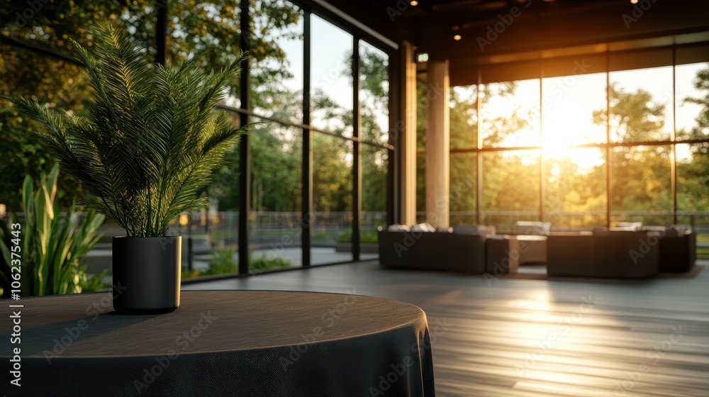Poster this spacious event hall features floor-to-ceiling windows with a breathtaking sunset view, creating