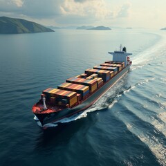 A large cargo ship sails across the vast ocean, carrying goods to distant lands