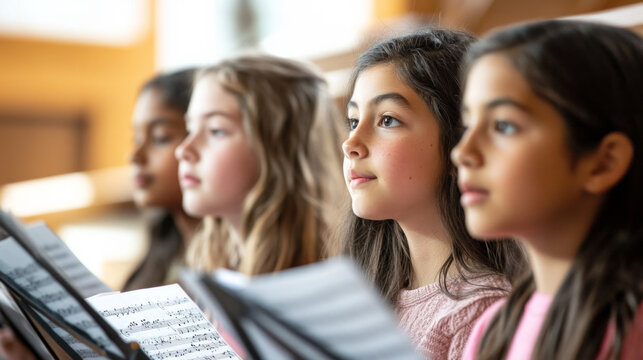 Children focused on sheet music during a choir practice in a bright, inviting space, honing their singing skills and teamwork