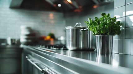 A stunning kitchen display highlights stainless steel surfaces and cookware, with the focal point being a fresh basil plant adding a touch of greenery and freshness.