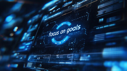 Digital display highlighting the concept of focusing on goals, showcasing a high-tech interface with vibrant graphics and data elements