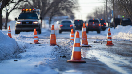 Cones blocking off a winter accident area on a snowy road with emergency vehicles in the background