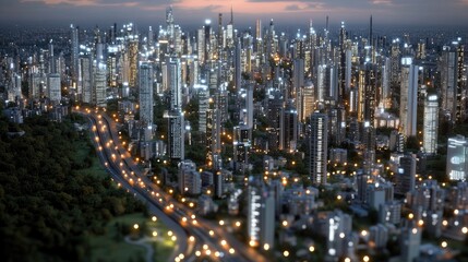 An aerial perspective showcases a vibrant smart city with high-tech networks and glowing skyscrapers in a futuristic setting