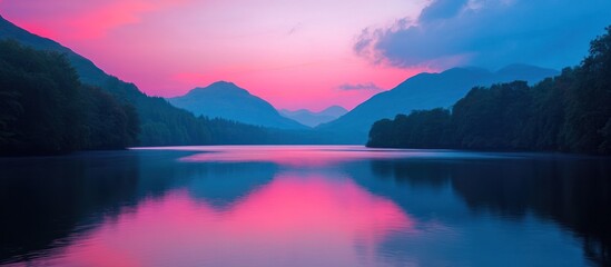 Fototapeta premium Silhouetted mountains reflecting in a still lake at sunset, with a vibrant pink sky.
