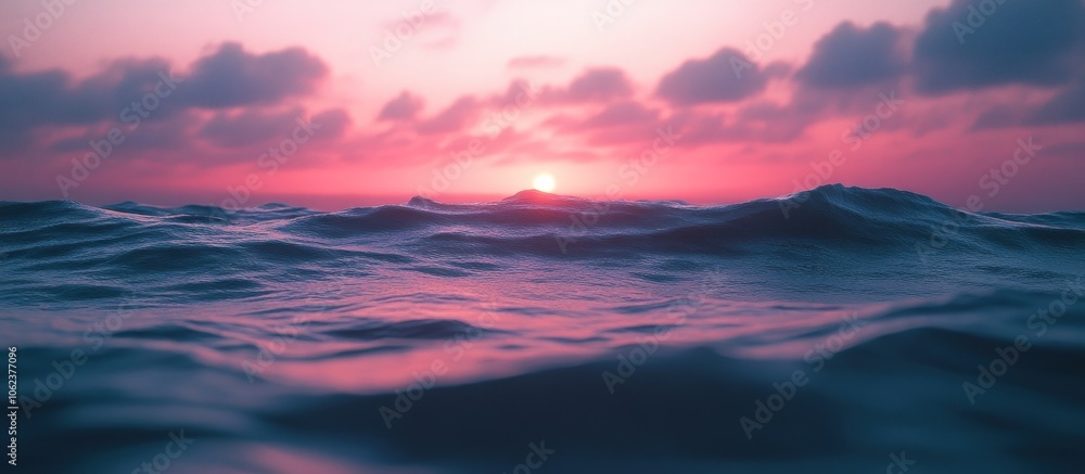 Poster a beautiful sunset over the ocean with a pink sky and clouds. the sun is setting behind the waves, c