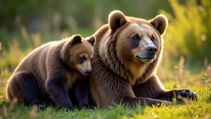 Obraz premium A close-up of a grizzly cub resting against its mother, illuminated by warm sunlight in their forest habitat.