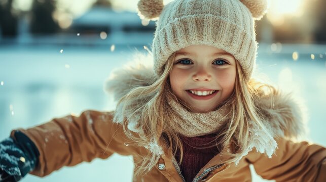A cheerful girl with an infectious smile wears a beanie and snow-covered jacket, perfectly capturing the warmth and joy of playful winter days and youthful fun.
