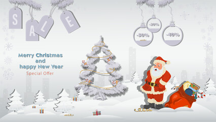 Naklejka premium Special Offer Christmas and New Years Sale Santa Claus stands next to a bag of gifts next to a fir tree in a winter snowy forest