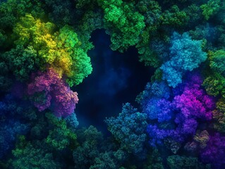 Obraz premium Aerial view of vibrant, colorful trees surrounding a serene water body.