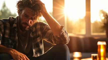 A contemplative man with a beard sitting by a window, wearing a flannel shirt, appears deep in thought as the setting sun casts a warm glow through the glass.