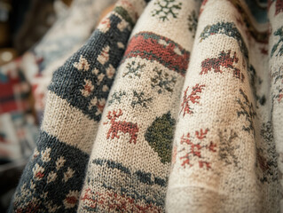 Fototapeta premium Knitted holiday sweater, rich colors with intricate patterns, warm and festive atmosphere