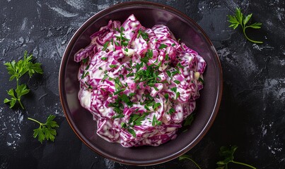 A bowl filled with red cabbage salad, mayonnaise, which and parsley, Generative AI.