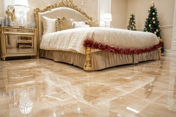 A glossy beige marble floor with gold accents, featuring a plush king-size bed, crystal bedside lamps, and festive garlands on the bedframe.