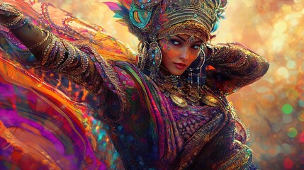 Obraz premium Vibrant Traditional Character in Richly Patterned Dress: Perfect for Adding Depth and Culture to Your Sports Interior Poster Collection