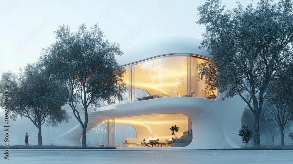 Poster modern, white, futuristic house with large windows and curved architecture, set in a forest setting 