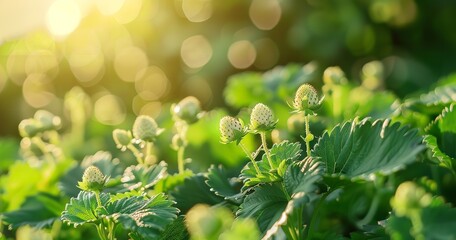 A farm's row of raw, green, unripe strawberries, Generative AI.