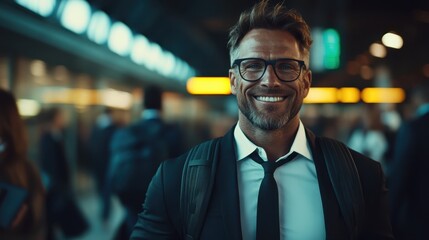 A confident man in formal attire with glasses and a backpack smiles warmly while standing in a crowded, well-lit urban transportation hub, conveying a sense of success.