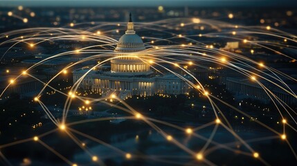 The United States Capitol building glows at dusk, overlaid with digital connections symbolizing global technological networks