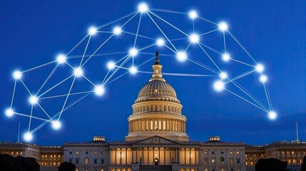 The United States Capitol building glows at dusk, overlaid with digital connections symbolizing global technological networks