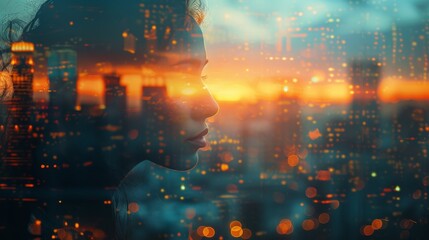 Portrait of thoughtful young woman on city background with sunlight. Double exposure