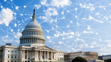 The United States Capitol building glows at dusk, overlaid with digital connections symbolizing global technological networks