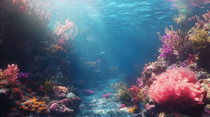 Fototapeta premium Vibrant coral reef underwater with sunbeams shining through.