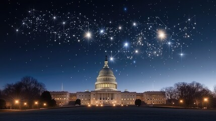 Obraz premium The United States Capitol building glows at dusk, overlaid with digital connections symbolizing global technological networks