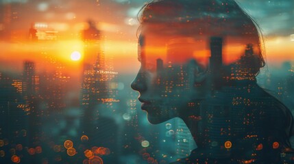 Portrait of thoughtful young woman on city background with sunlight. Double exposure