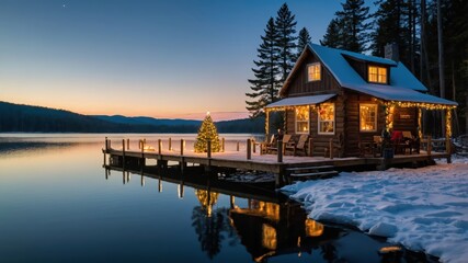 Obraz premium Christmas Cabin by the Lake at Sunset.