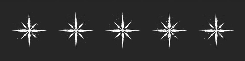 Grunge Style Textured 8 Pointed Stars Isolated Vector Set Abstract Background. Abstract White Grungy Mysterious Esoteric Star Clipart Design Elements Bundle. Mystical Magical Symbols Art Illustration