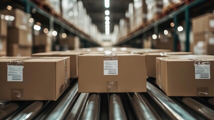 Perspective view of a busy warehouse with neatly stacked packages on a conveyor belt, highlighting the organized and efficient logistics of package distribution.