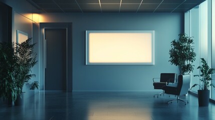 A spacious empty room featuring a large window and a whiteboard, with a mock-up glass nameplate on the wall.