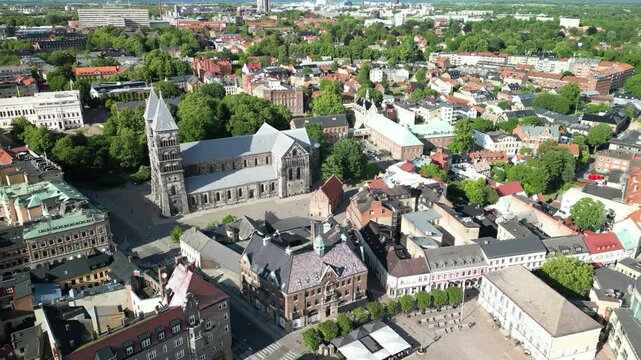 Lund, Sweden - 12 June 2024: Aerial view of Lund Cathedral, a historic 12th-century Lutheran church with an unusual astronomical clock and a program of weekend organ concerts